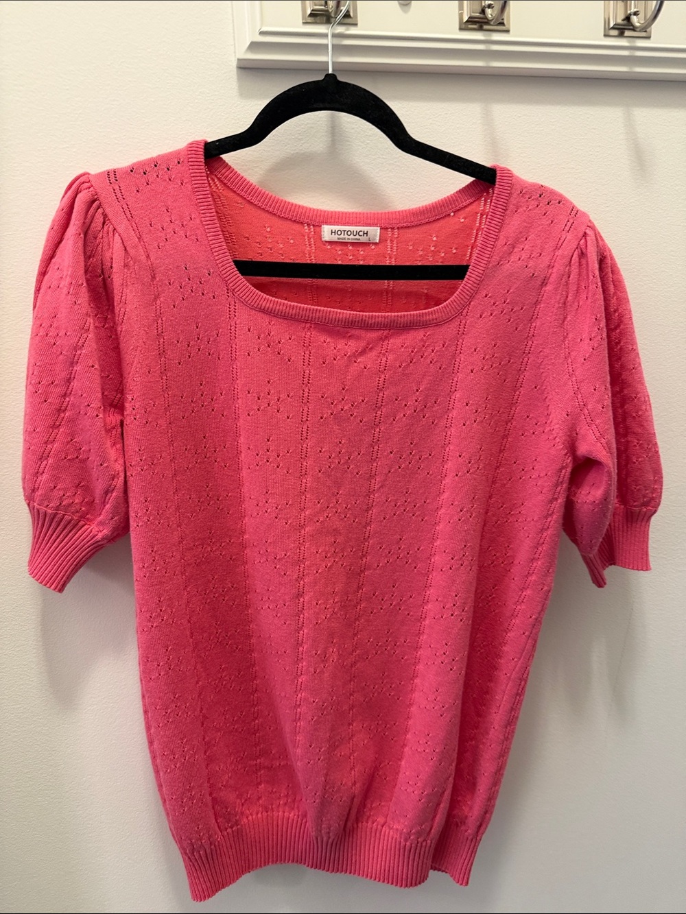 HOTOUCH Pink Pointelle Puff-Sleeve Short Sleeve Knit Top
